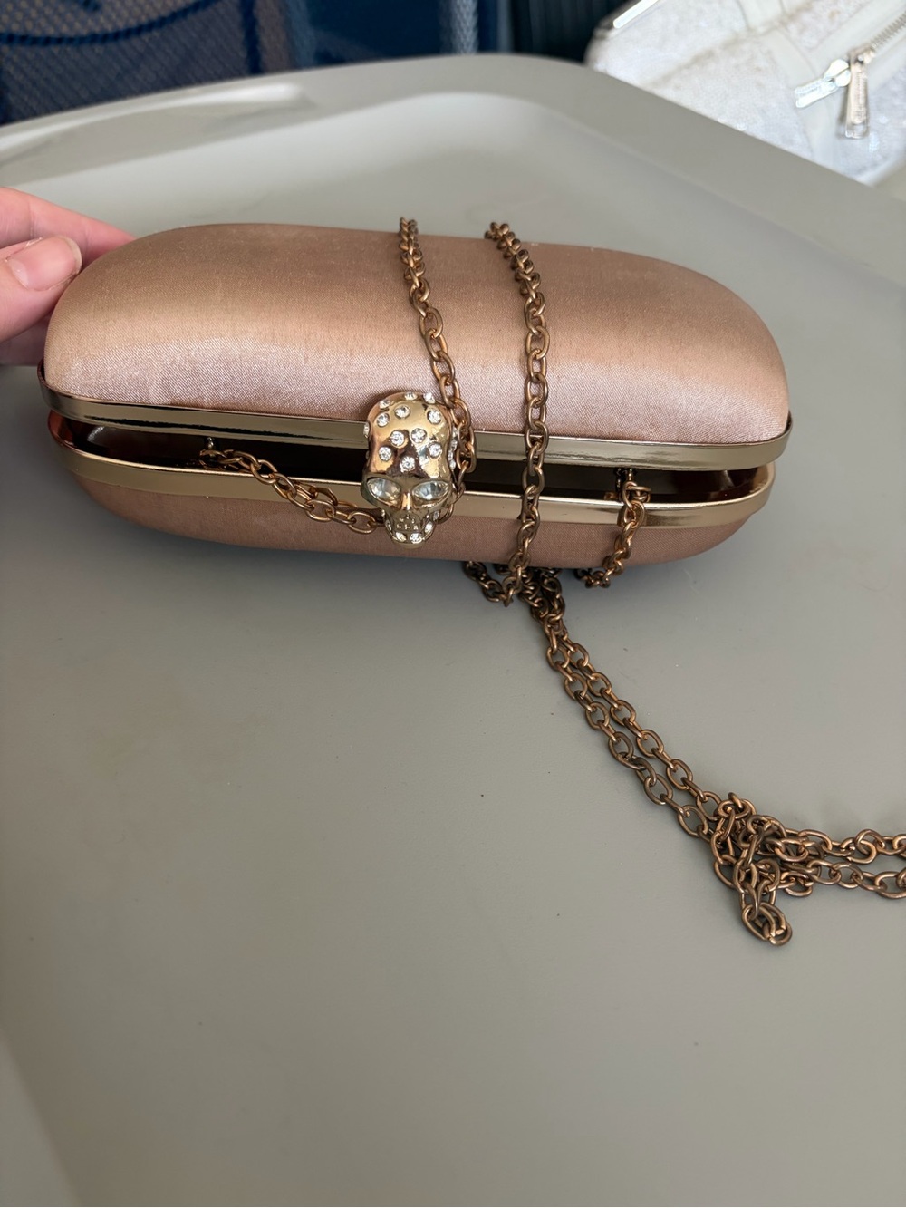 Windsor Rose Gold Satin Skull Clasp Chain Clutch